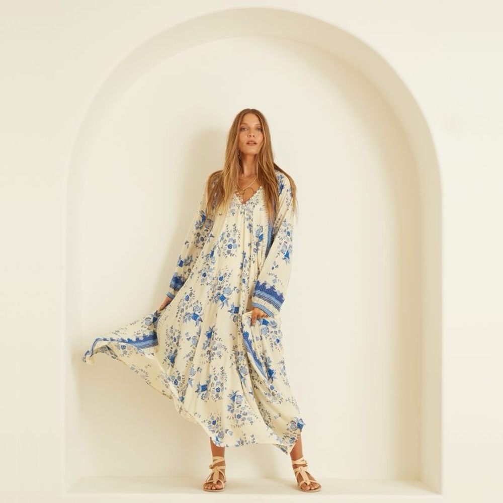 Natalie Martin Cream Maxi Dress with Blue Floral Print
